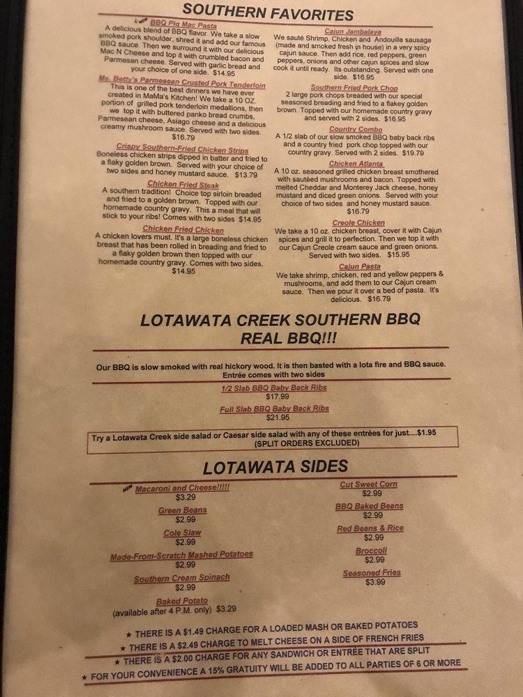 Menu at Lotawata Creek restaurant, Fairview Heights