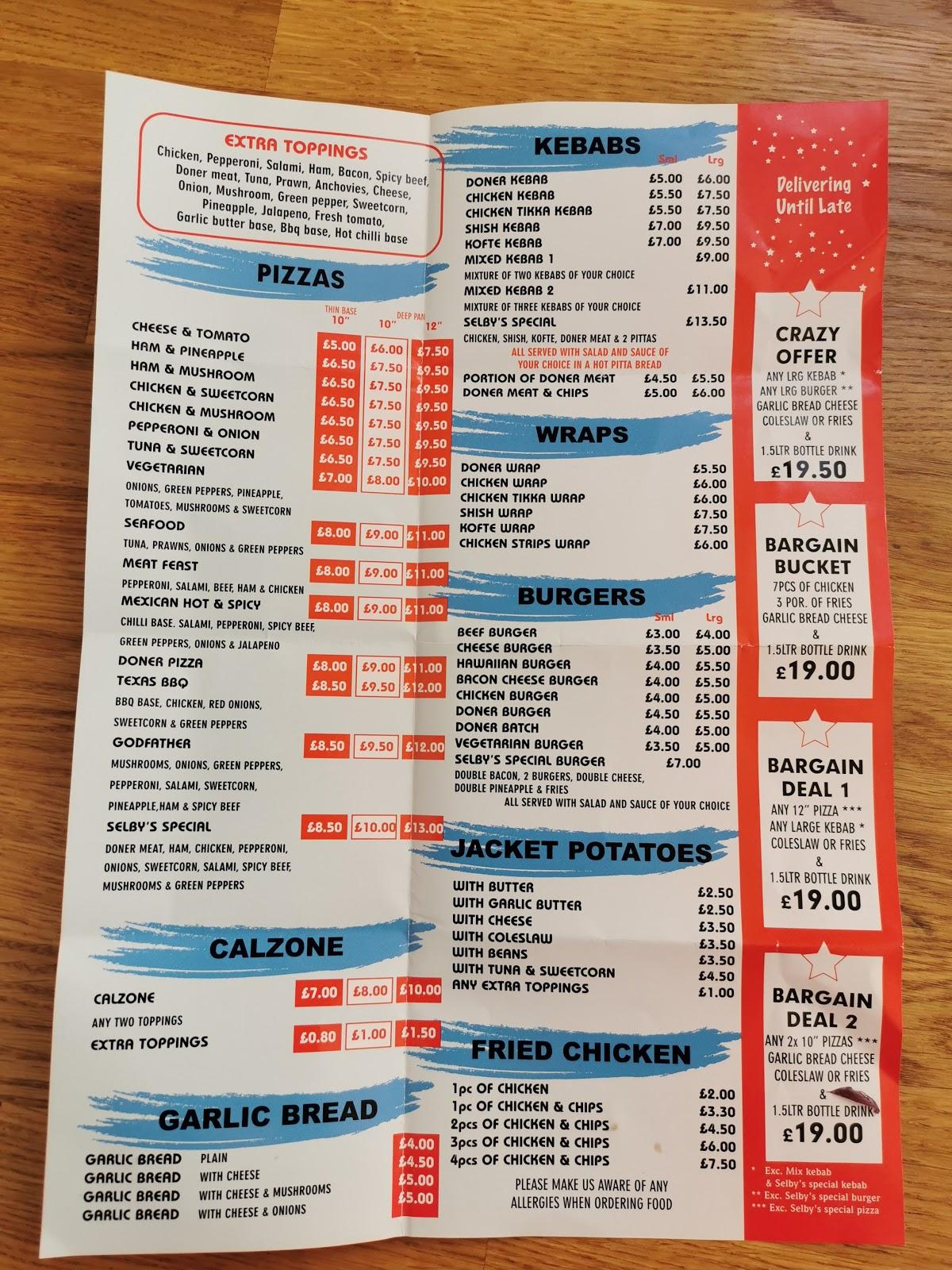 Menu at SELBY'S PIZZA KEBAP HOUSE fast food, Neston