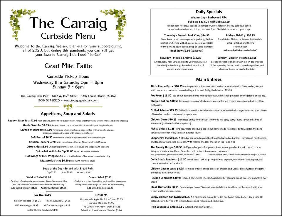 Menu at Chicago Gaelic Park pub & bar, Oak Forest