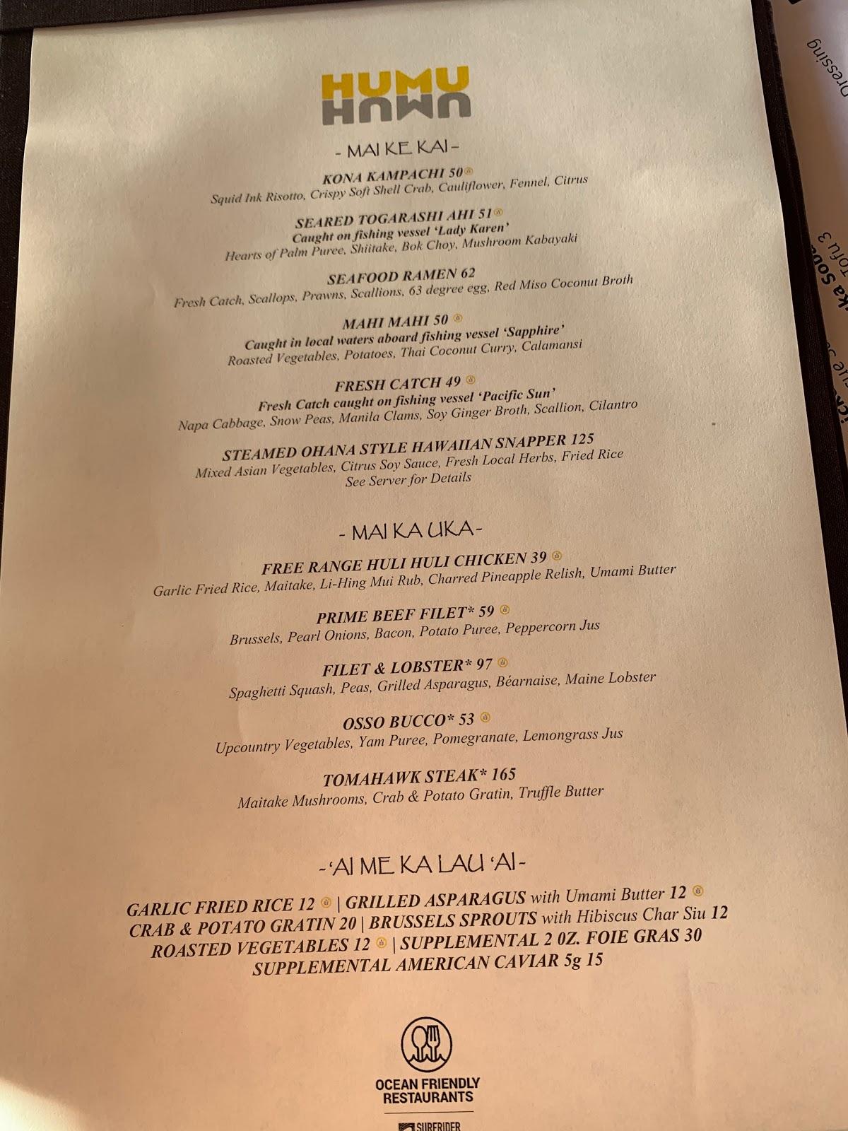 Menu at Humuhumunukunukuapua'a restaurant, WaileaMakena, Wailea Alanui Dr