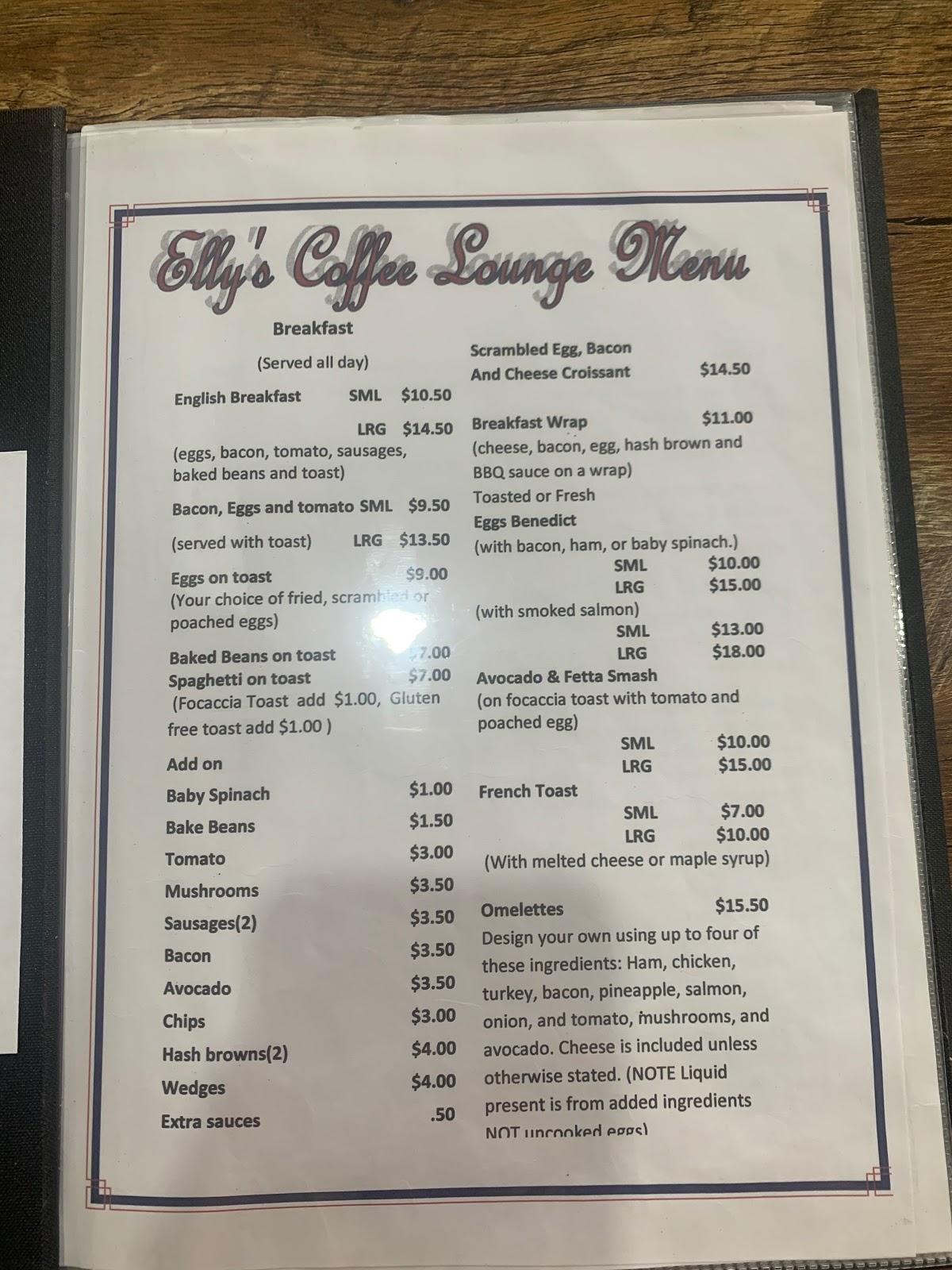 Menu at Elly's Coffee Lounge cafe, Armidale, 100 Jessie St