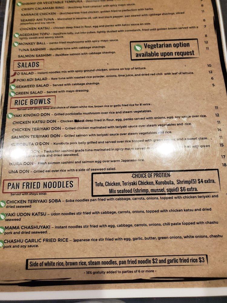 Menu at O Ramen desserts, Bakersfield