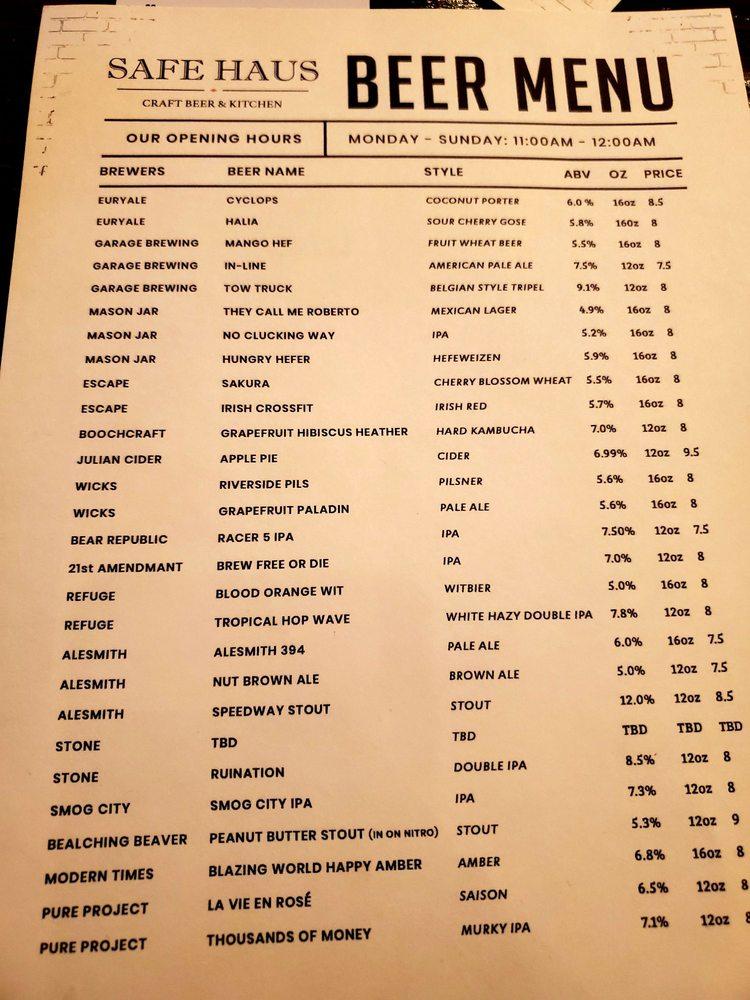 Menu at Safe Haus Craft Beer & Kitchen restaurant, Moreno Valley