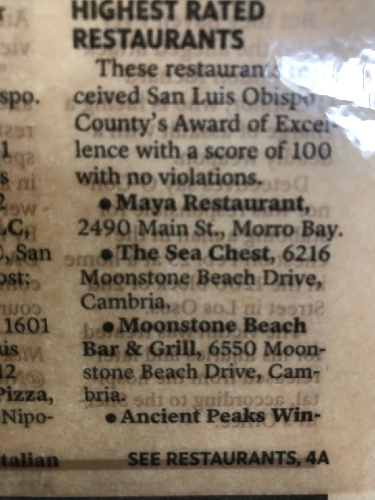 Menu at Maya Restaurant, Morro Bay, 560 Embarcadero
