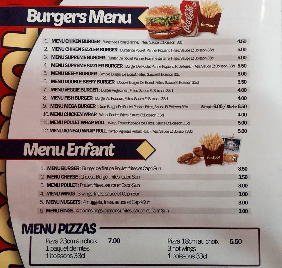 Menu at HotSpot Chicken Pizzas Burgers, Brussels
