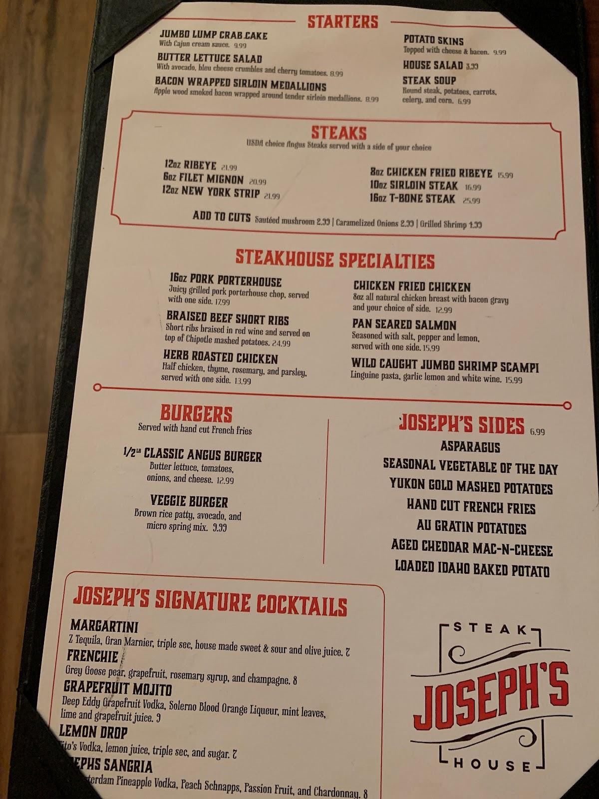 Menu at Joseph's Steak House steakhouse, Elgin