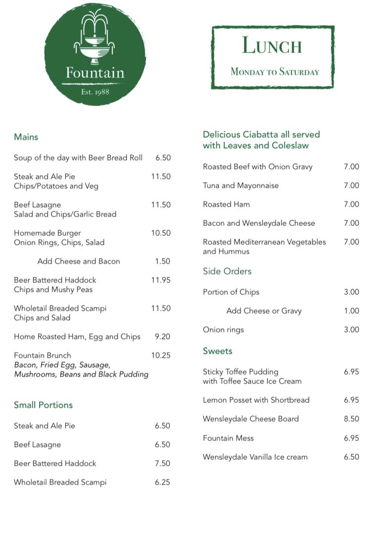 Menu at The Fountain Hotel pub & bar, Hawes
