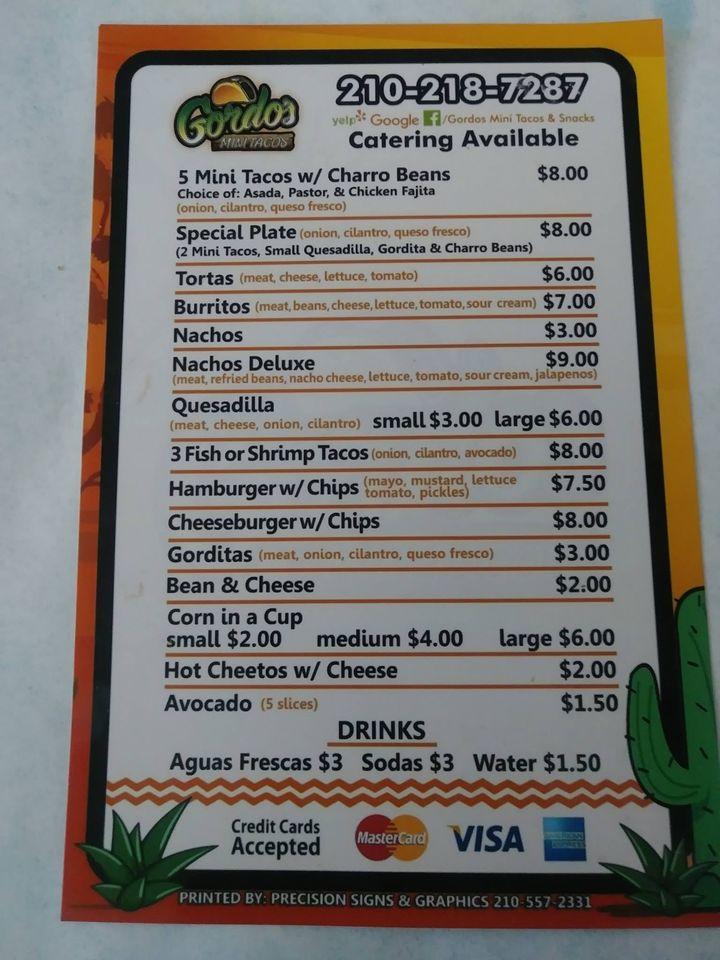Carta del restaurante Gordos Mini Tacos And Snacks, San Antonio, N