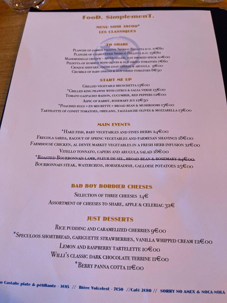 Menu at Le Willi's Wine Bar, Paris, 13 Rue des Petits Champs