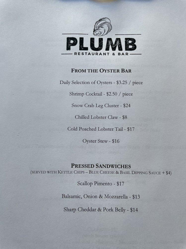 Menu at Plumb Oyster Bar, Troy