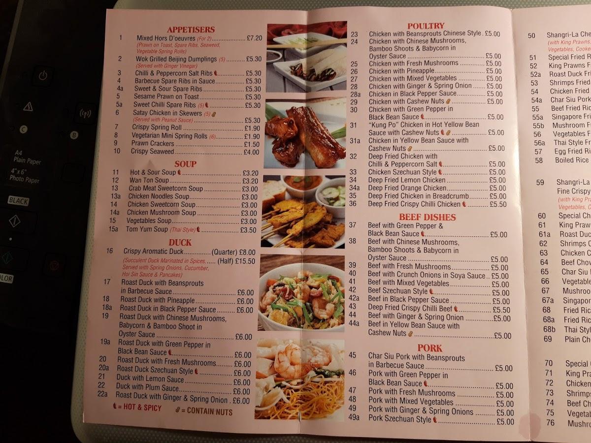 Menu at ShangriLa fast food, Chesham