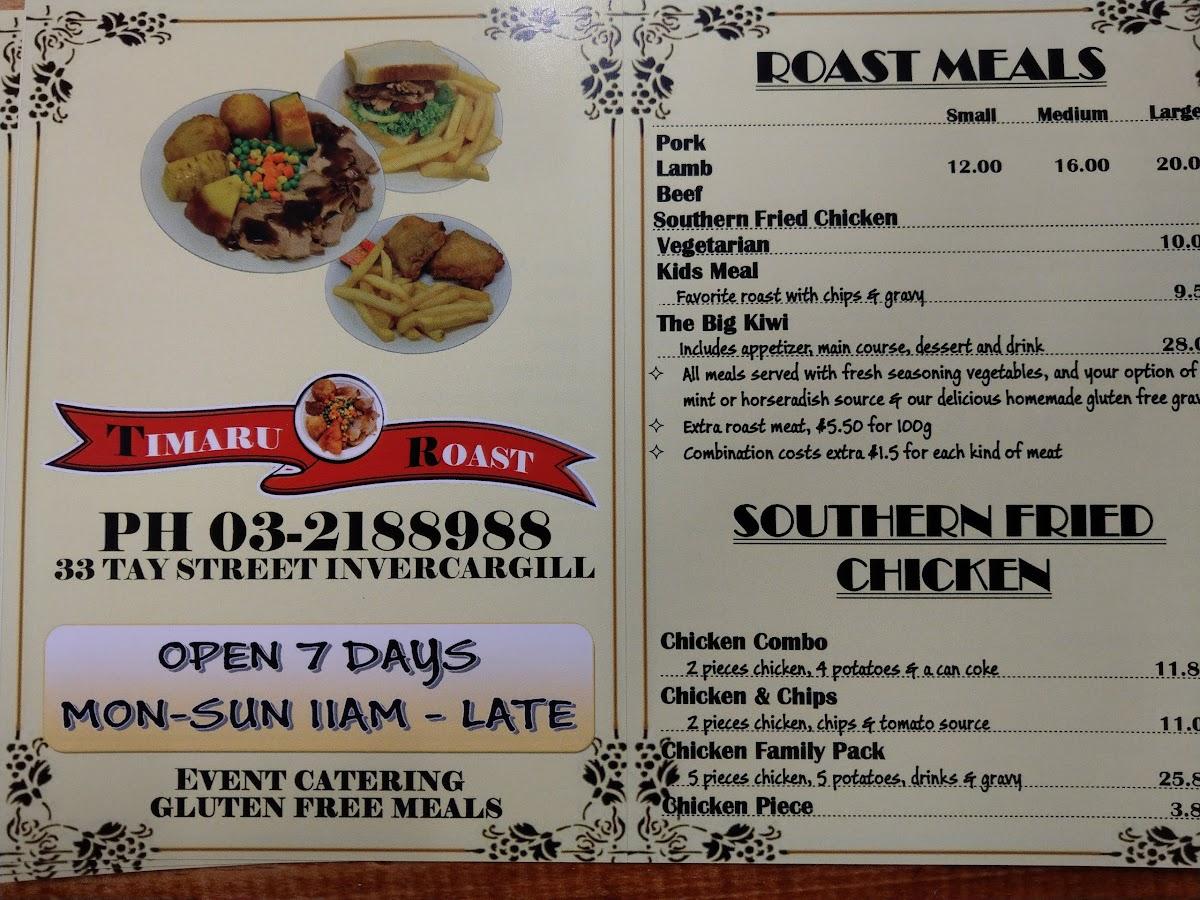 Menu at Timaru RoastInvercargill restaurant, Invercargill