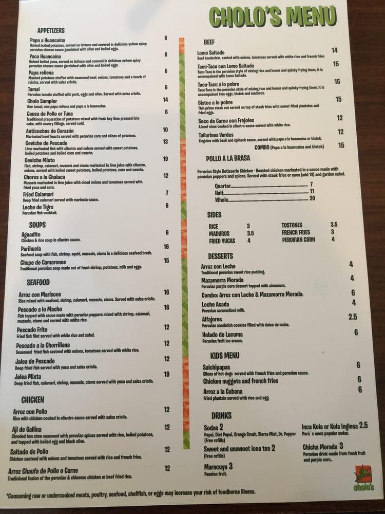 Menu at Cholo's Peruvian Restaurant, Virginia Beach