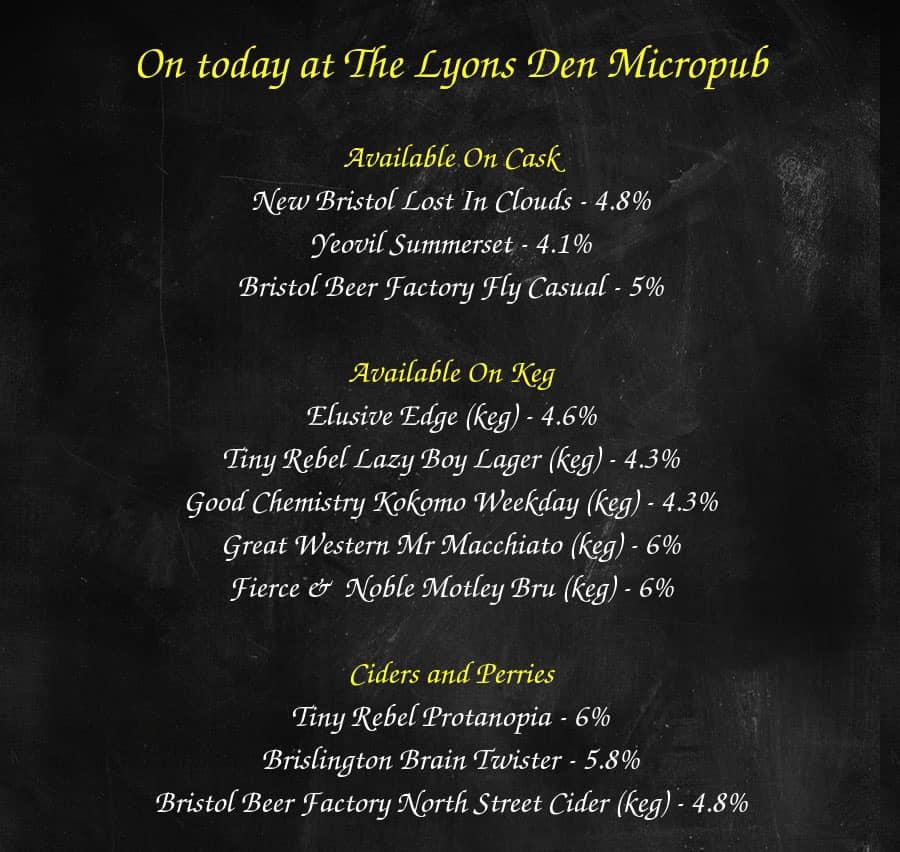 Menu at The Lyons Den Micropub, Bristol