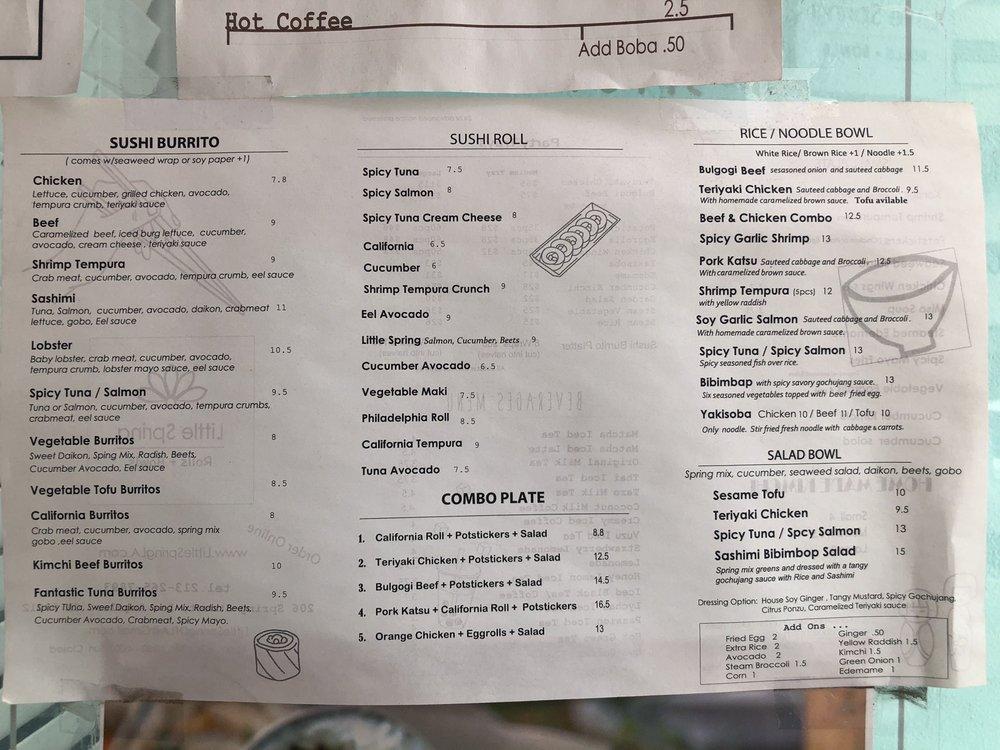 Menu at Little Spring Rolls and Bowls restaurant, Los Angeles