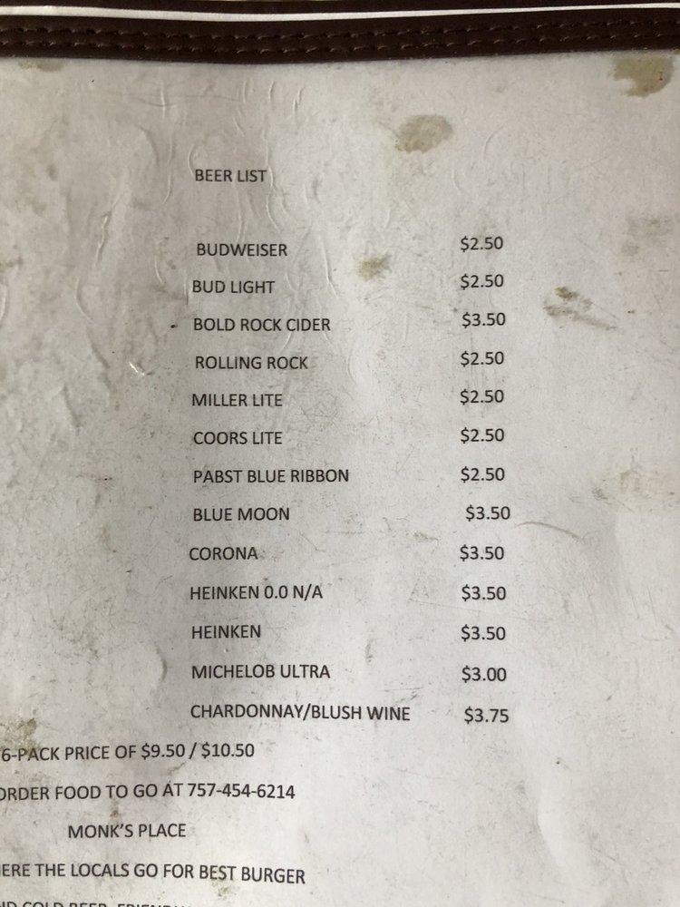 Menu at Monks Place pub & bar, Virginia Beach