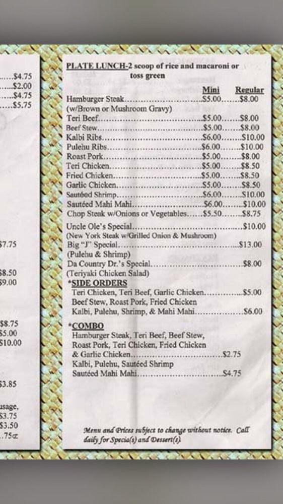 Menu at Papa Ole's Kitchen restaurant, Hauula