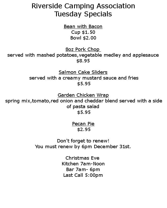 Menu at Riverside Camping Association club, Lancaster