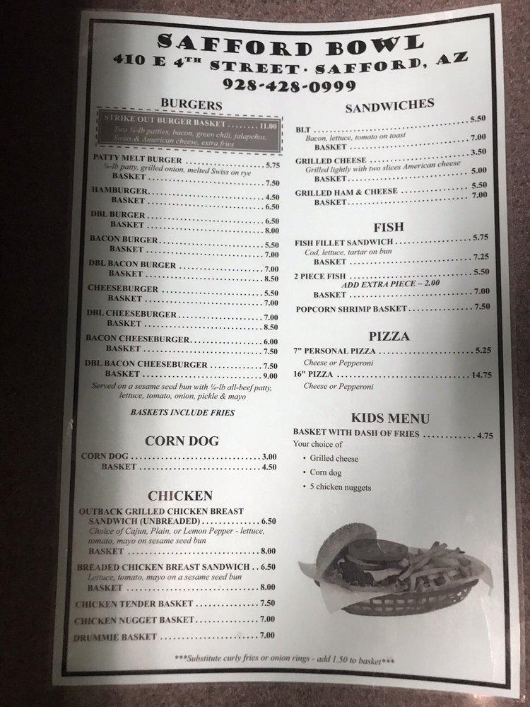 Menu at Safford Bowl restaurant, Safford