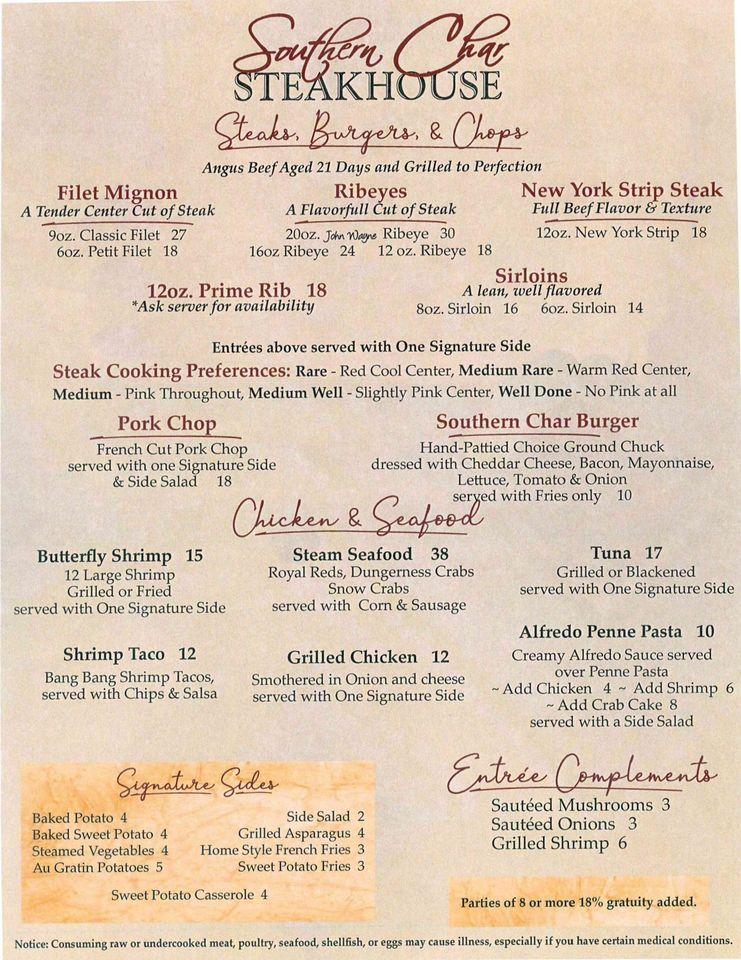 Menu at Southern Char Steakhouse, Picayune