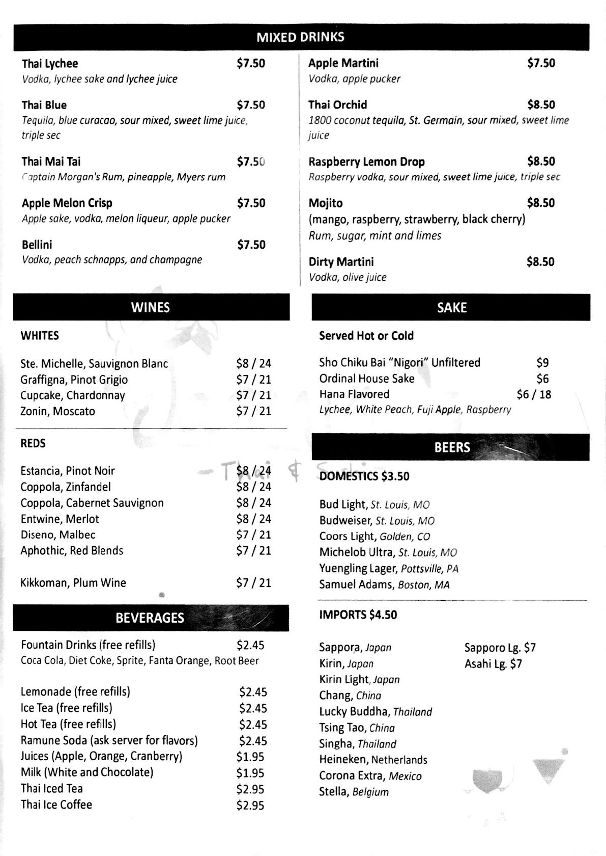 Menu at Jasmine's Thai & Sushi restaurant, Pickerington