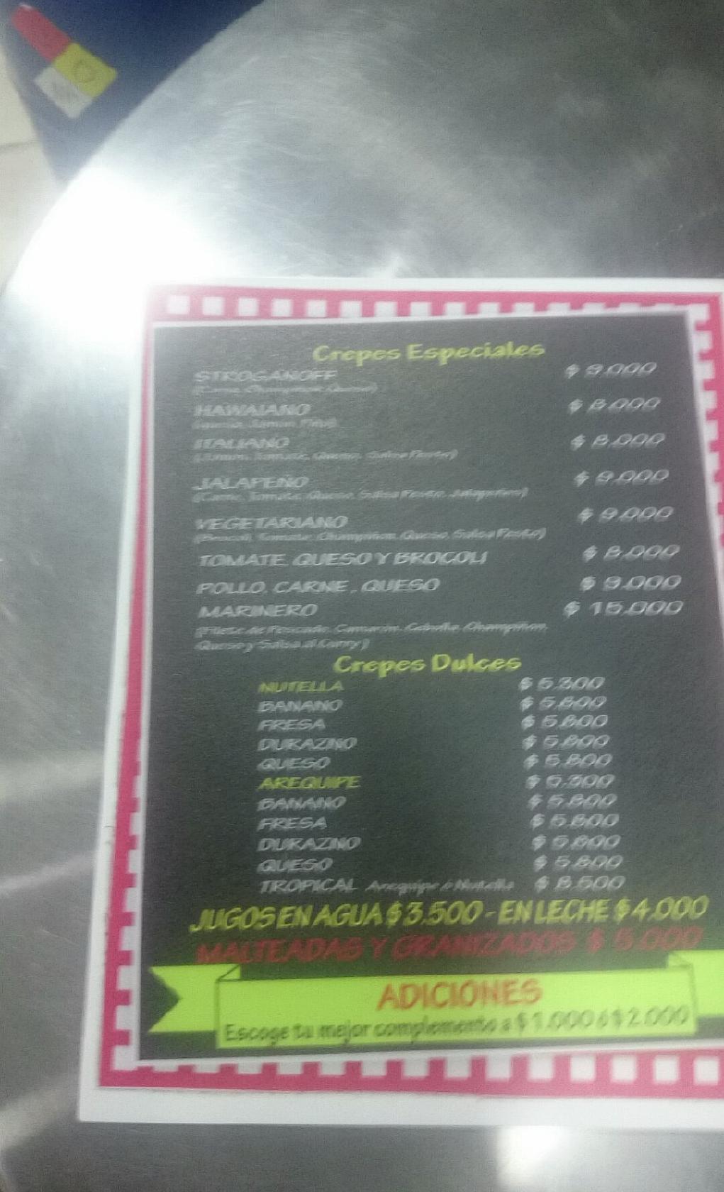 Menu at Colombian Crêpes restaurant, Bogotá, Cl 11A 73a19