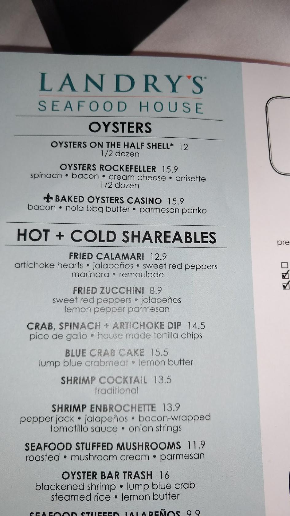 Menu at Landry's Prime Seafood & Steaks steakhouse, Galveston