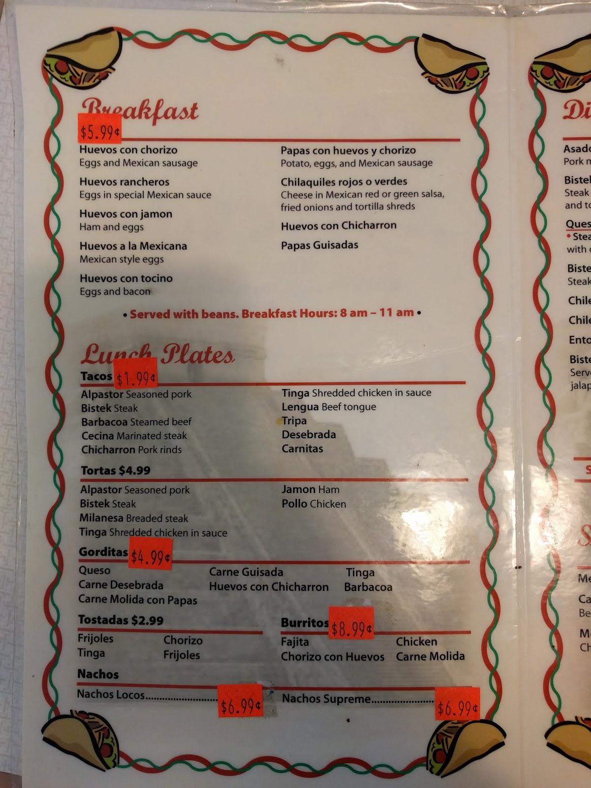 Menu at Lucero's Mexican Restaurant, Ottawa