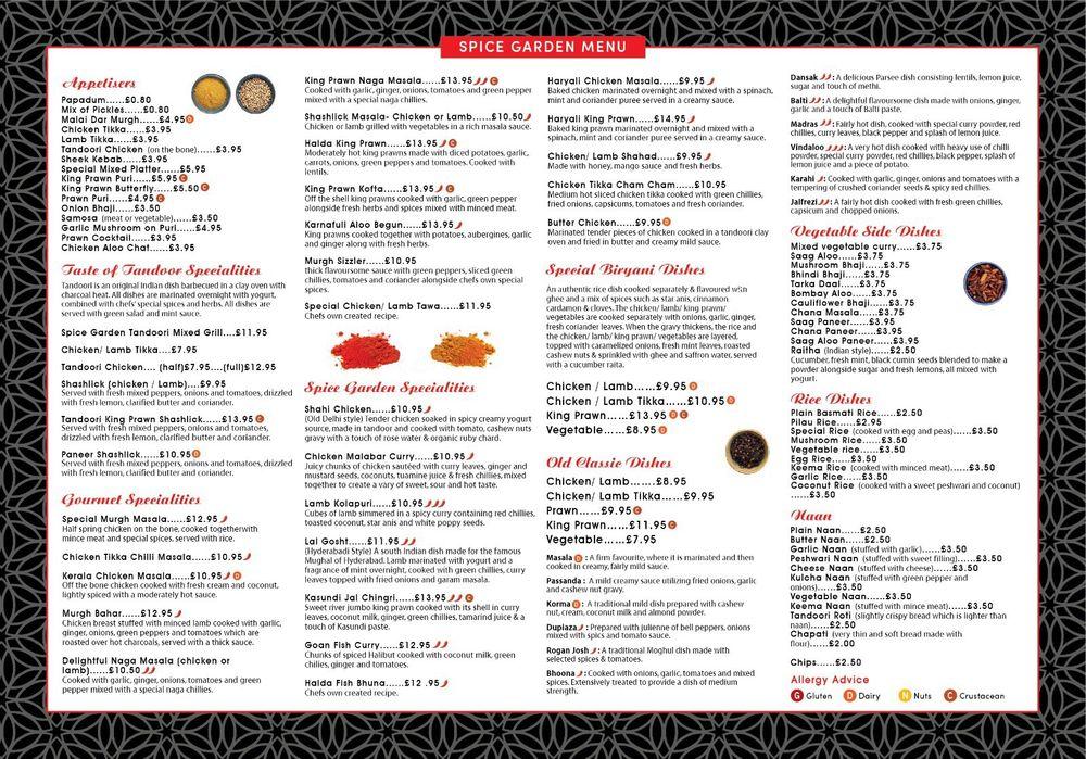 Menu at Spice Garden restaurant, Bury Saint Edmunds