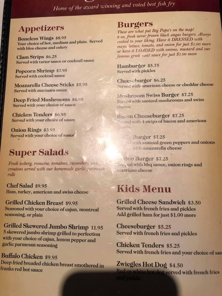 Menu at Big Papa's restaurant, Canisteo
