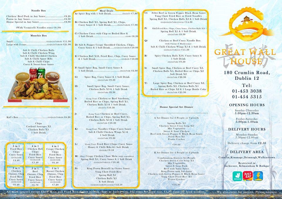Carta del restaurante Great Wall House, Dublin, 180 Crumlin Road