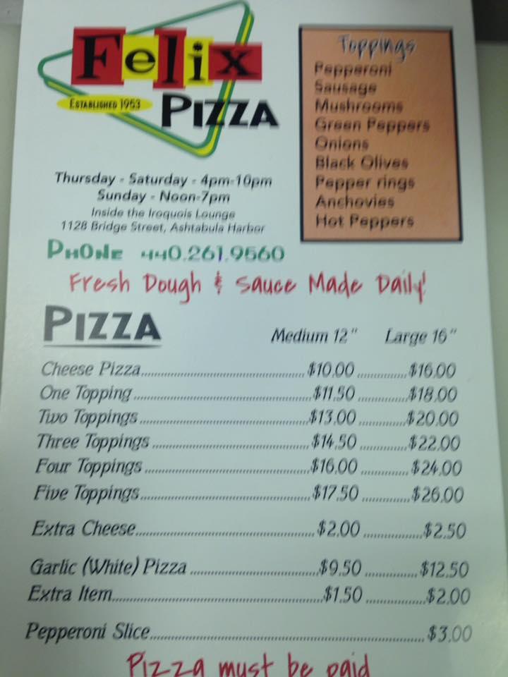 Menu at Felix Pizza pizzeria, Ashtabula