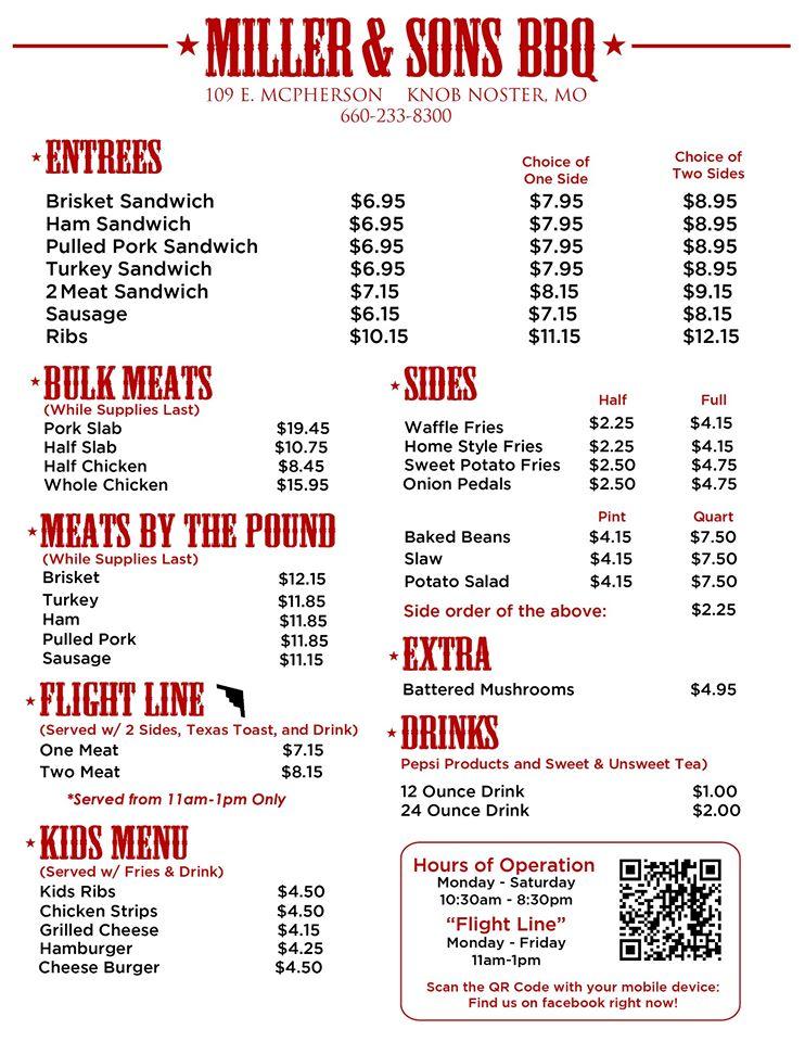 Menu at Miller & Sons BBQ, Knob Noster
