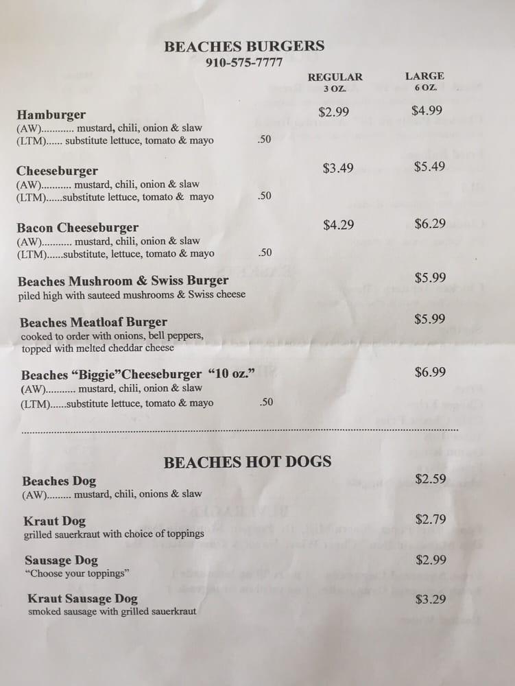 Menu At Beaches Burgers Restaurant, Ocean Isle Beach