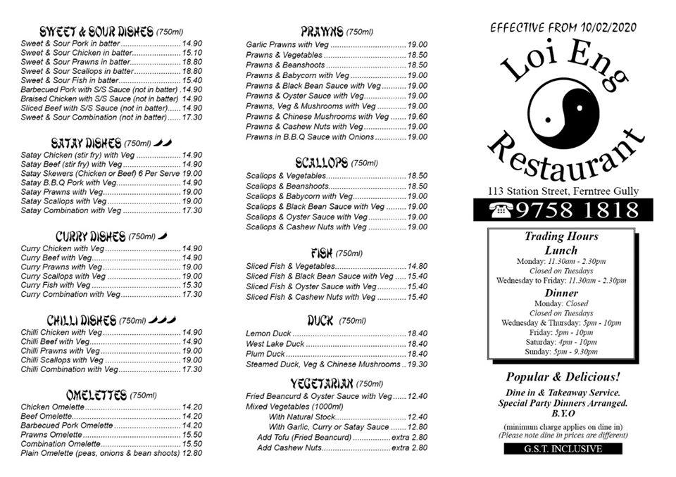 Menu at Loi Eng Restaurant, Ferntree Gully