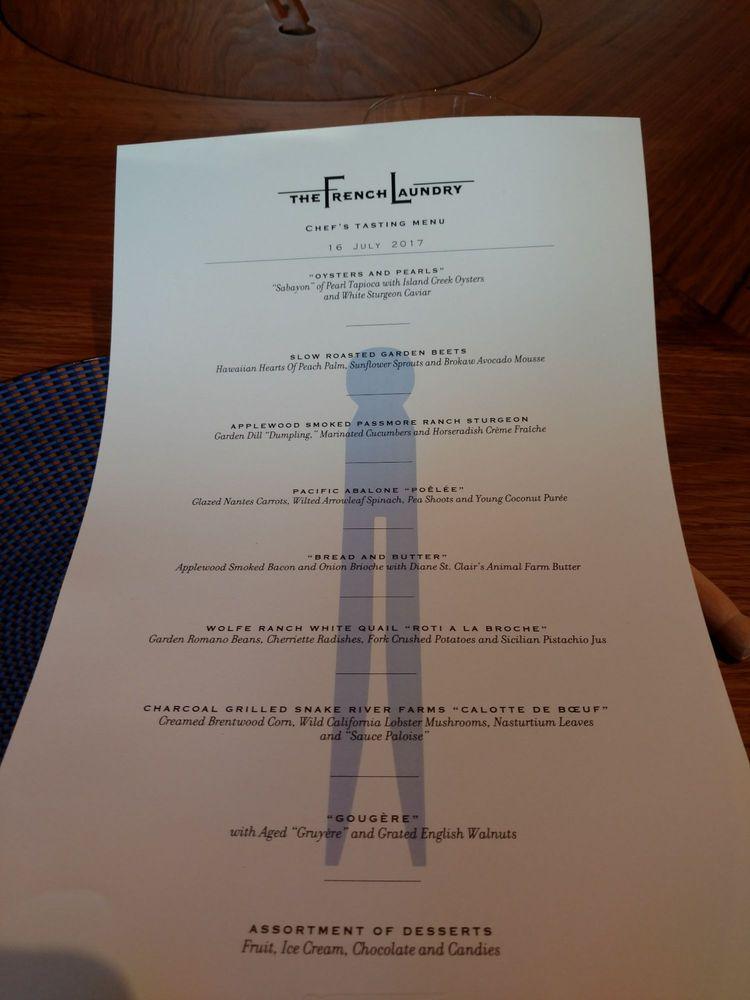 Menu at The French Laundry restaurant, Yountville