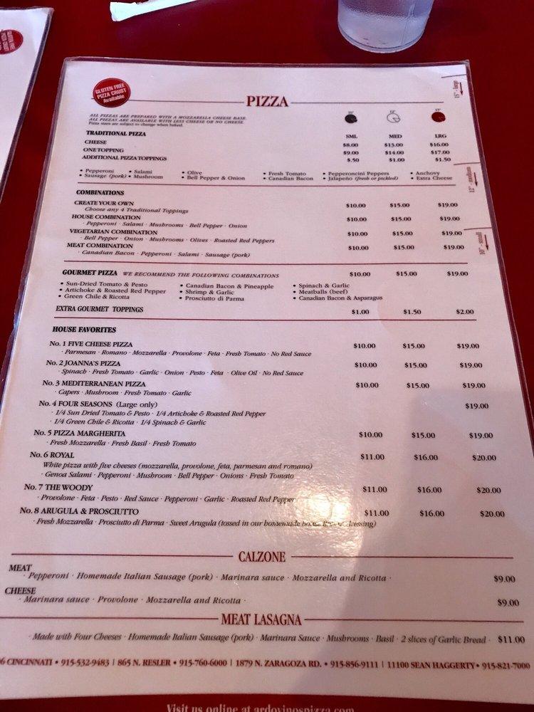 Carta de pizzería Ardovino's Pizza 3, El Paso, N Zaragoza Rd