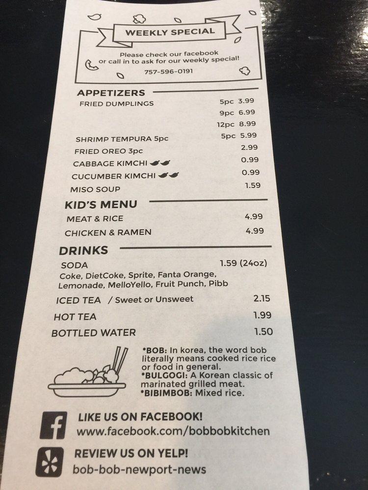 Menu at Bob Bob Korean grill and kitchen restaurant, Newport News