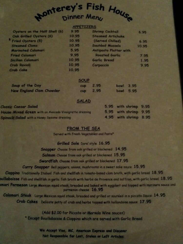 Menu at Monterey's Fish House restaurant, Monterey