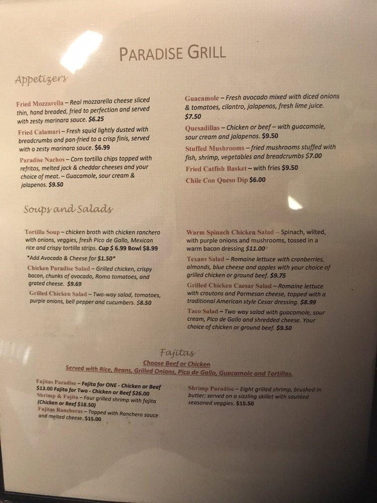 Menu at Paradise Grill restaurant, Dickinson