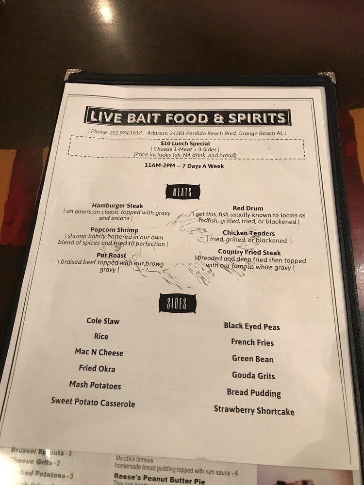 Menu at Live Bait Restaurant, Orange Beach, Perdido Beach Blvd