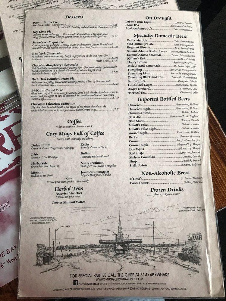 Menu at Smugglers' Wharf restaurant, Erie
