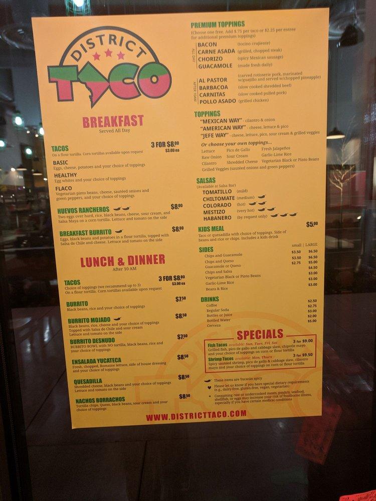 Menu at District Taco restaurant, King of Prussia