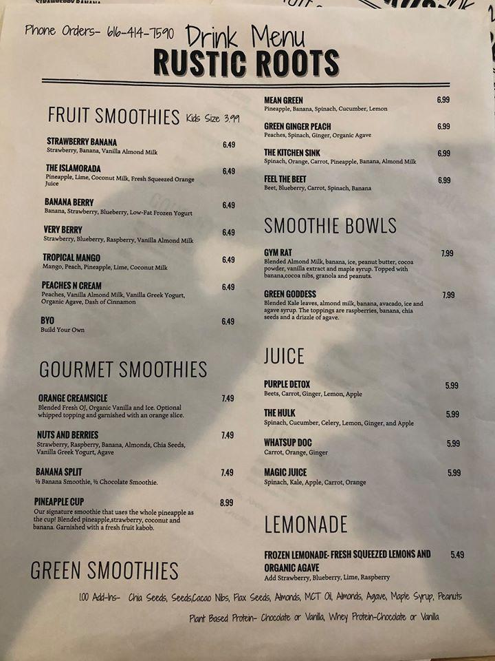 Menu at Rustic Roots cafe, Grand Haven