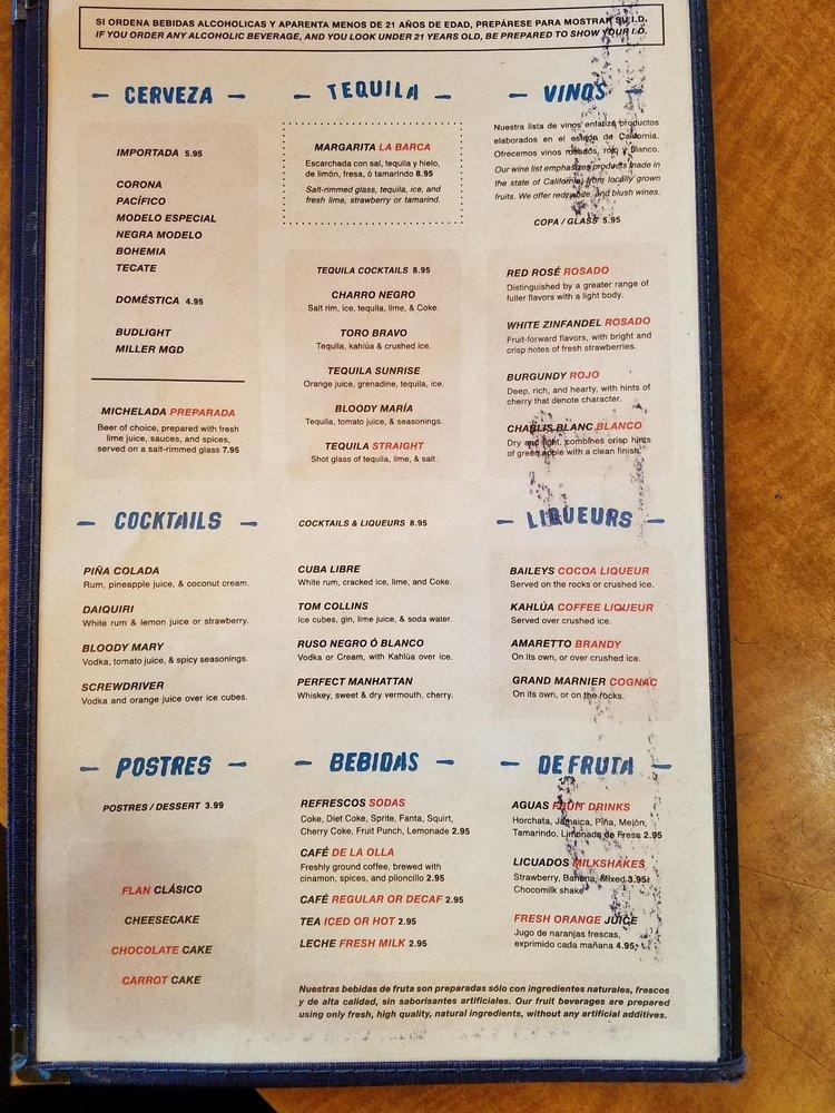 Menu at La Barca Restaurantes, Bell