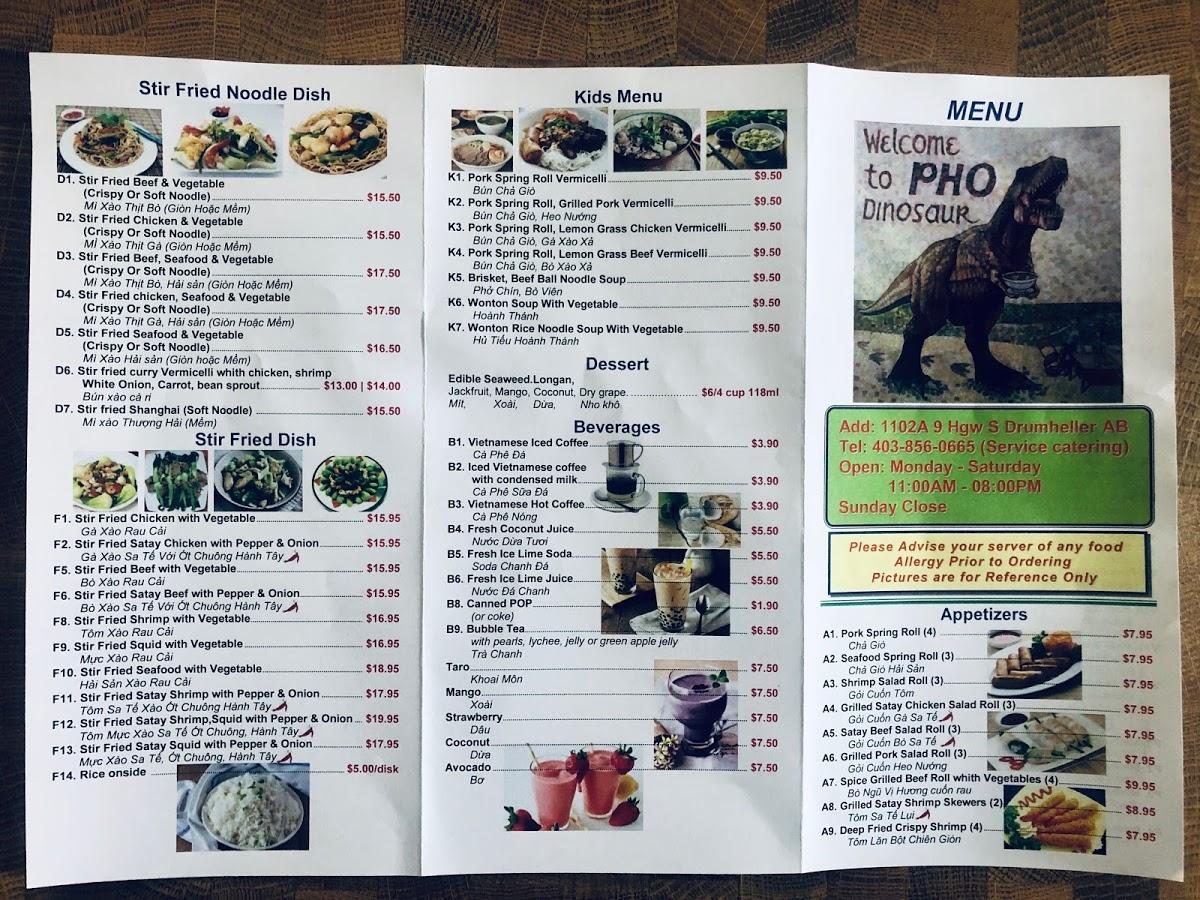Menu at Pho Dinosaur Vietnamese restaurant, Drumheller