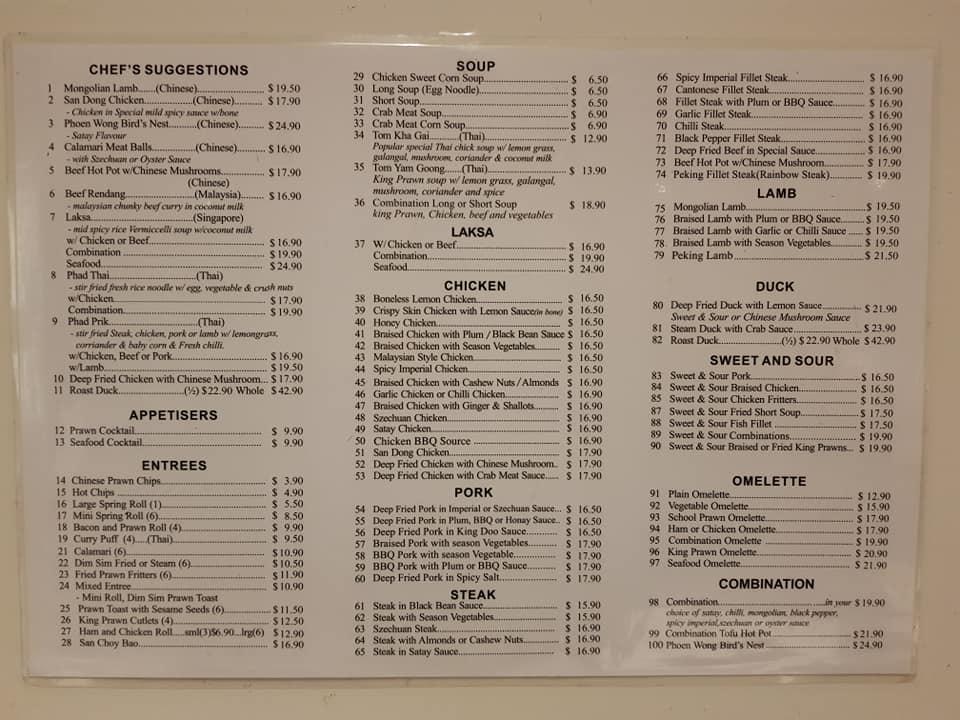 Menu at PhoenWong Restaurant, Coffs Harbour
