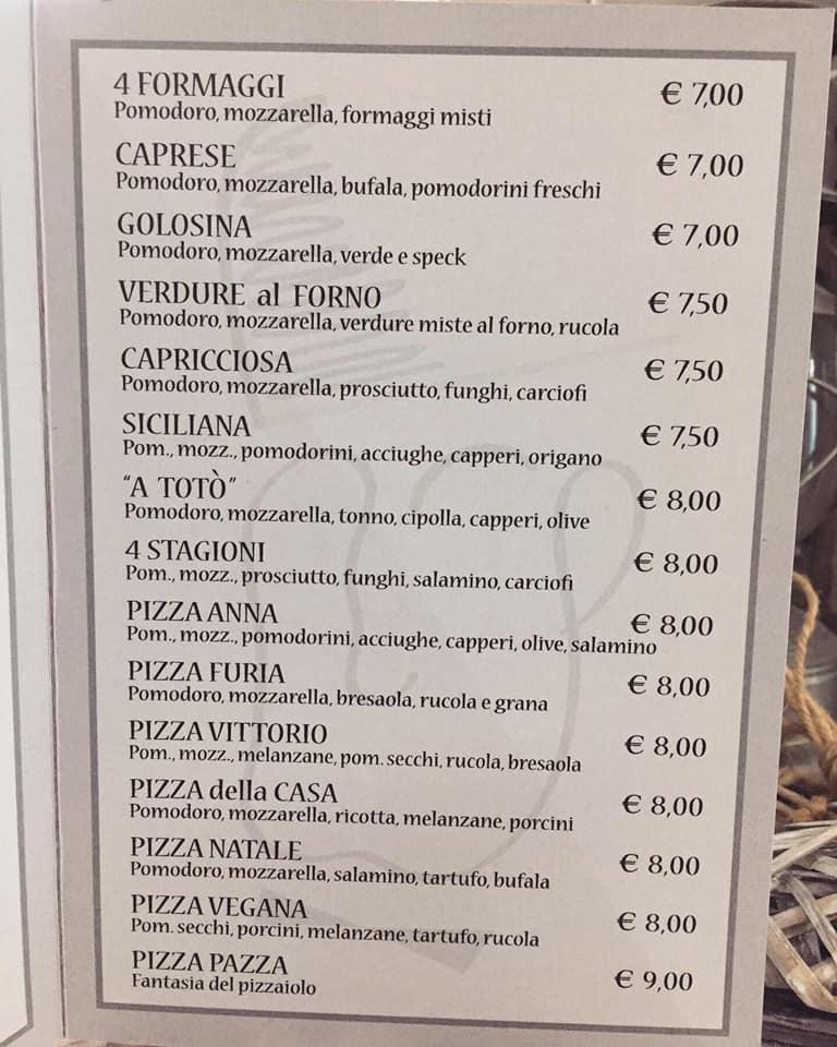 Menu da Da Vittorio pizzeria, Vicenza