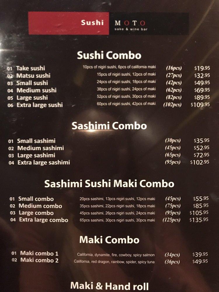 Menu at Sushi Moto restaurant, Toronto