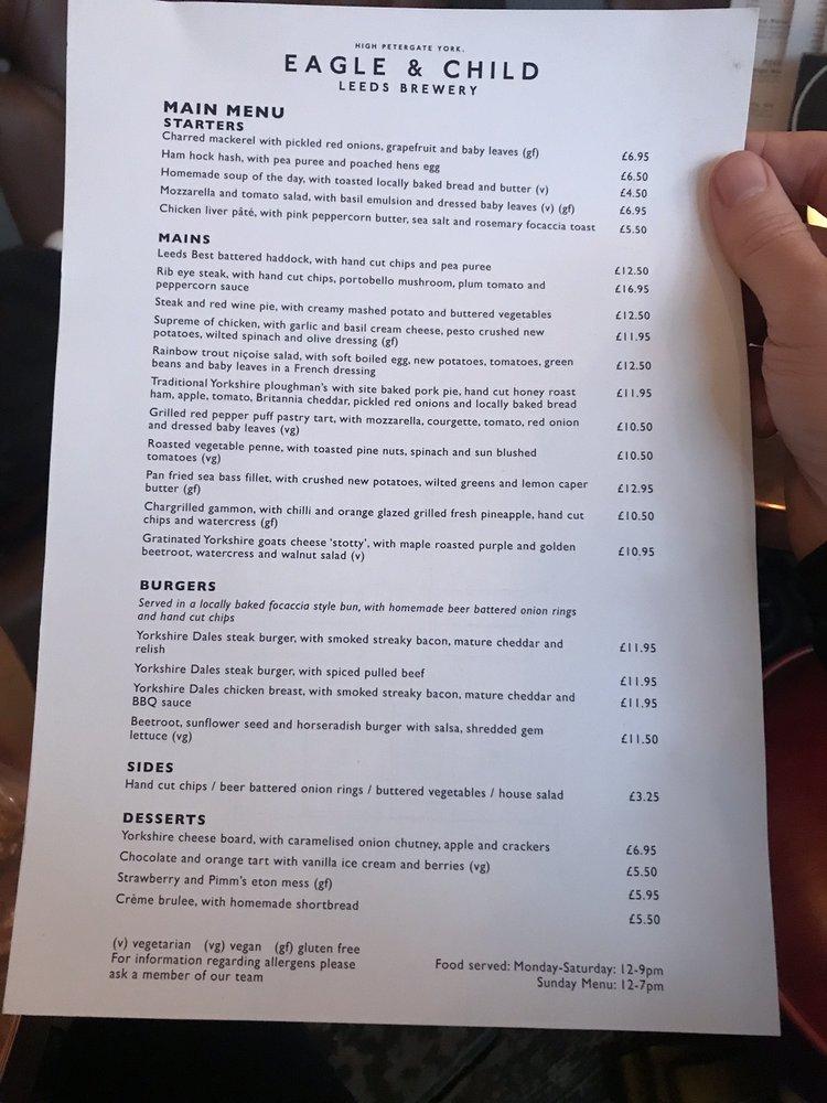 Menu at Eagle & Child pub & bar, York